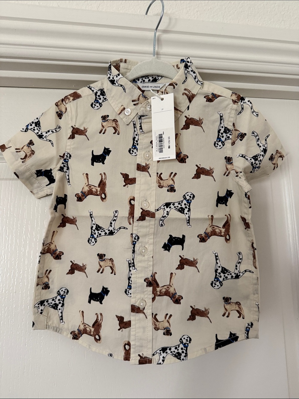Janie and Jack Cream Short-Sleeve Dog Print Button-Up